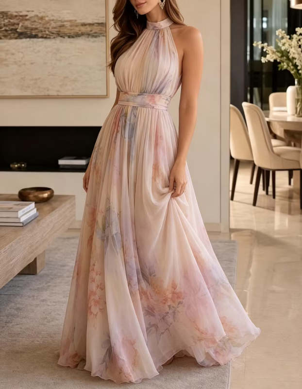 Blush Watercolor Floral Print Halter Chiffon A-Line Maxi Formal Dress