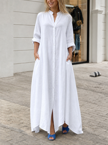 Long Sleeves Loose Buttoned Pockets Solid Color Lapel Maxi Dresses