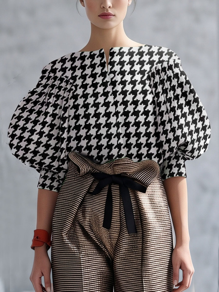 Half Sleeves Loose Contrast Color Houndstooth Printed Split-Joint Boat Neck Blouses&shirts Tops