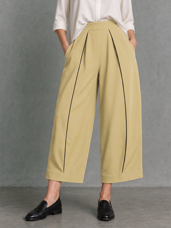 Loose Wide Leg Pleated Pockets Solid Color Cropped Trousers