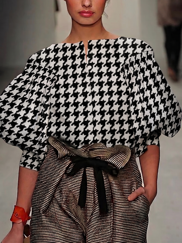 Half Sleeves Loose Contrast Color Houndstooth Printed Split-Joint Boat Neck Blouses&shirts Tops