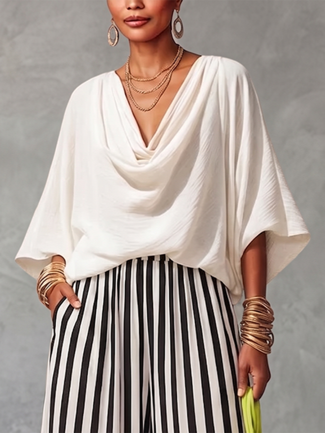 Loose Three-quarter Sleeves Solid Color Heaps Collar Blouses&shirts Tops