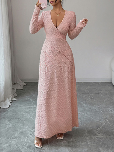 Solid Color Pleated Long Sleeves High Waisted Deep V-Neck Maxi Dresses