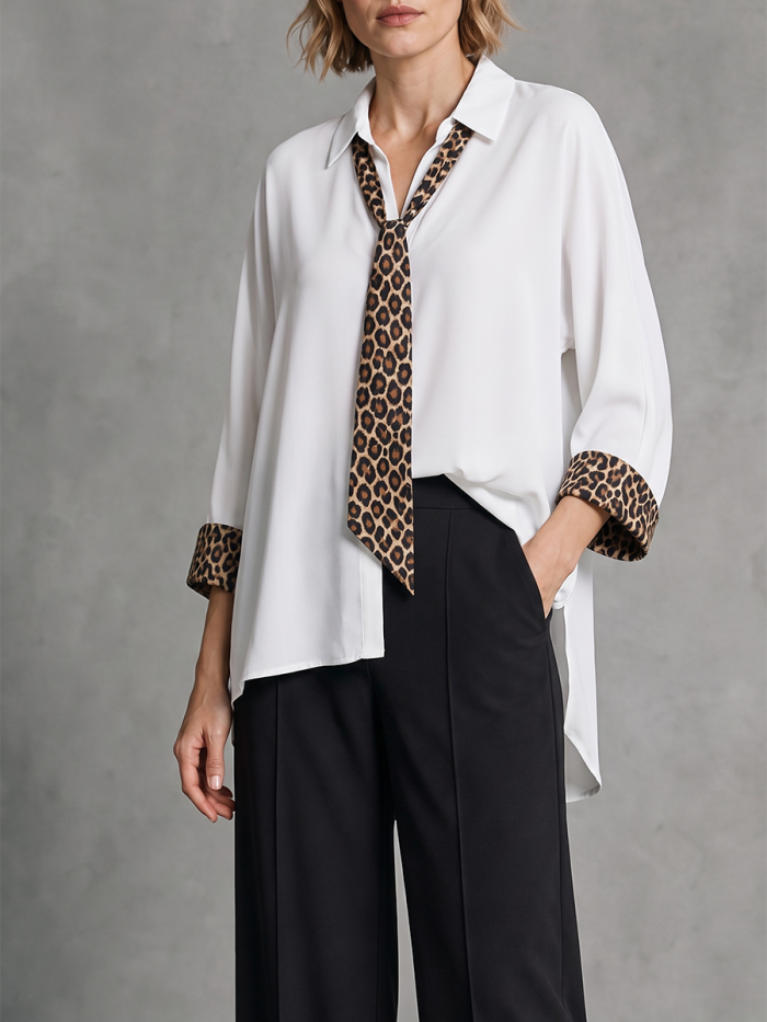 High-low Loose Contrast Color Leopard Split-Joint Tied Lapel Blouses&shirts Tops