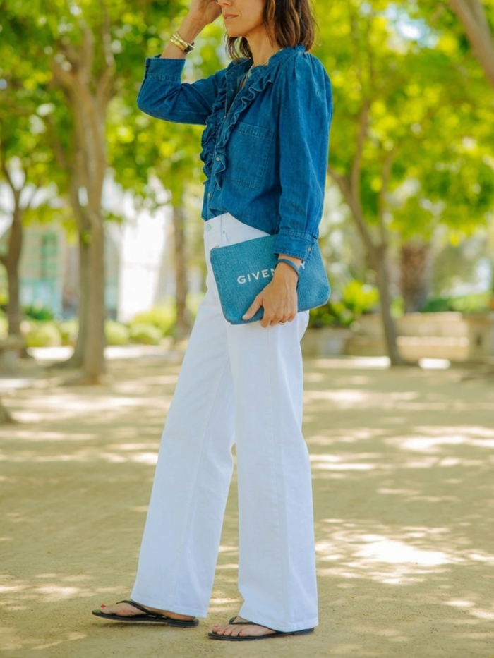 Loose Three-quarter Sleeves Buttoned Ruffle Trim Solid Color Round-neck Blouses&shirts Tops