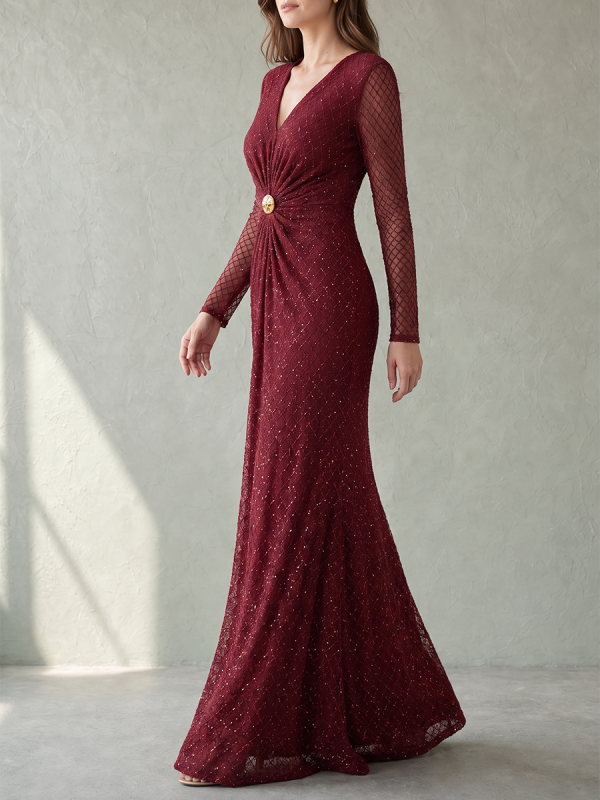 Bodycon Long Sleeves Buttoned Pleated See-Through Sequined Solid Color Zipper V-neck Maxi Dresses