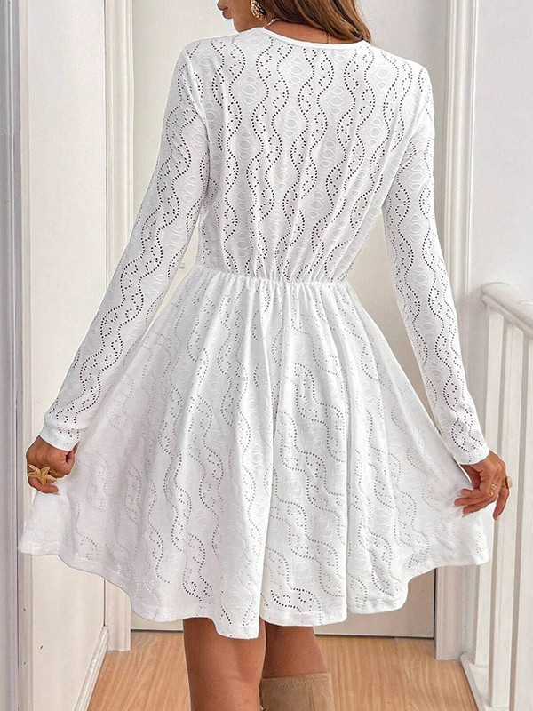Split-Joint Solid Color Lacy Hollow Long Sleeves High Waisted V-Neck Mini Dresses