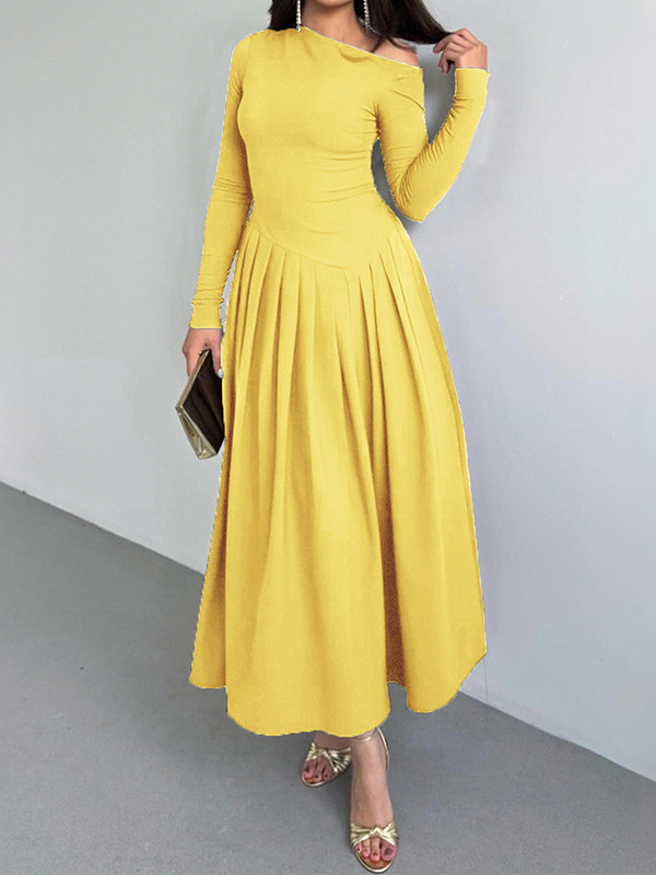 Split-Joint Solid Color Pleated Asymmetric Long Sleeves High Waisted One-Shoulder Maxi Dresses
