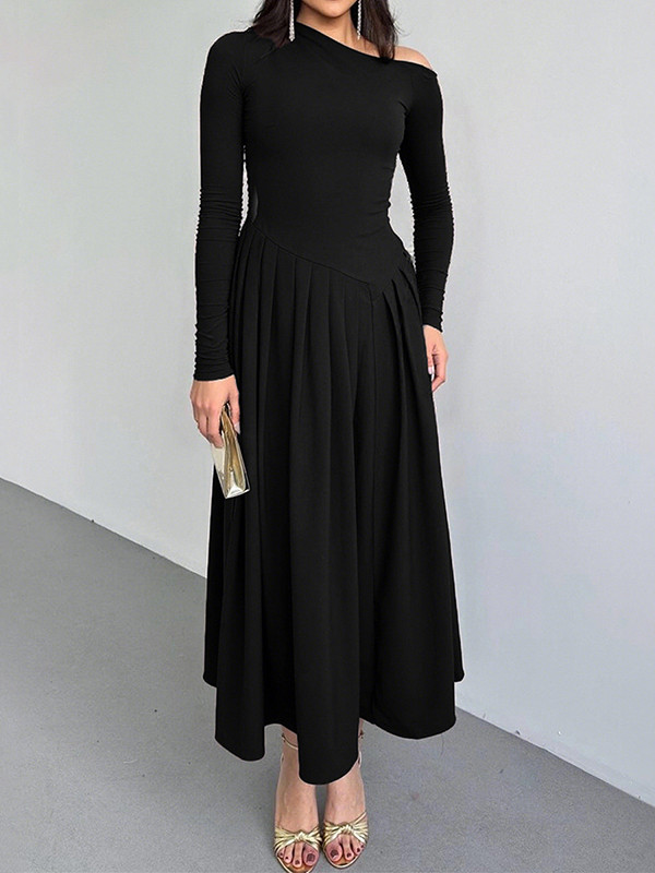 Split-Joint Solid Color Pleated Asymmetric Long Sleeves High Waisted One-Shoulder Maxi Dresses
