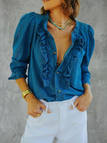 Loose Three-quarter Sleeves Buttoned Ruffle Trim Solid Color Round-neck Blouses&shirts Tops