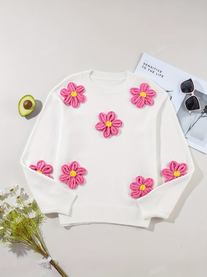 Solid Color Cute Elegant Floral Decorated Long-Sleeve Round-Neck Valentine'S Day Sweater