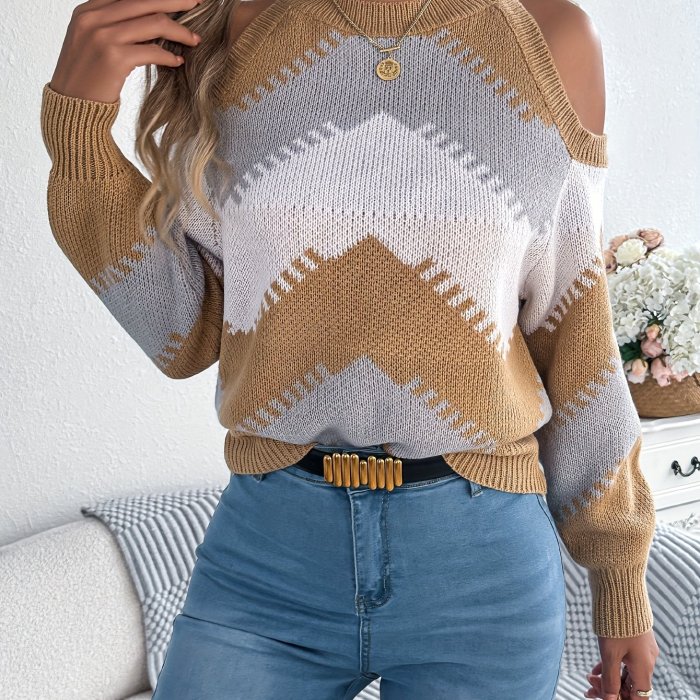 Autumn Vacation Pullover Winter Casual Off-Shoulder Sweater | Women's Striped Pullover Long Sleeve