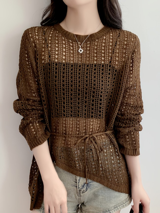 Spring\u002FSummer Thin Lazy Style Waist-Tie Air Conditioner Outer Cover Shirt with Round Neck, Diagonal Hem, Irregular Crochet Lace Mesh Pullover Top
