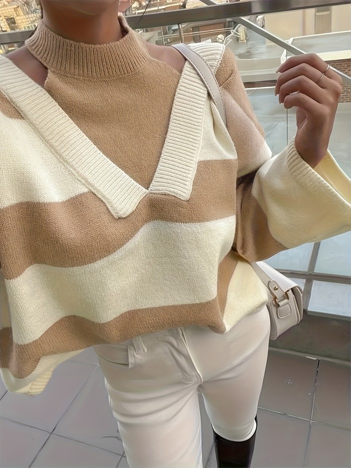 Fake Two-Piece Halter Neck Off-Shoulder Striped Sweater Women'S Spring And Autumn Fashionable Age-Reducing Pullover Top