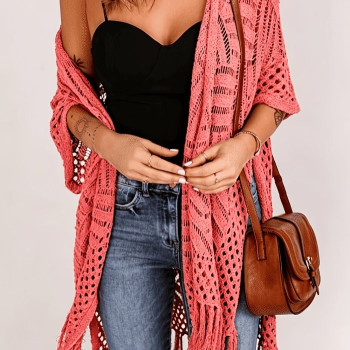 Mid-Length Fashion Loose Hollow Tassel Kimono Open Cardigan Coat Women'S Top Outerwear