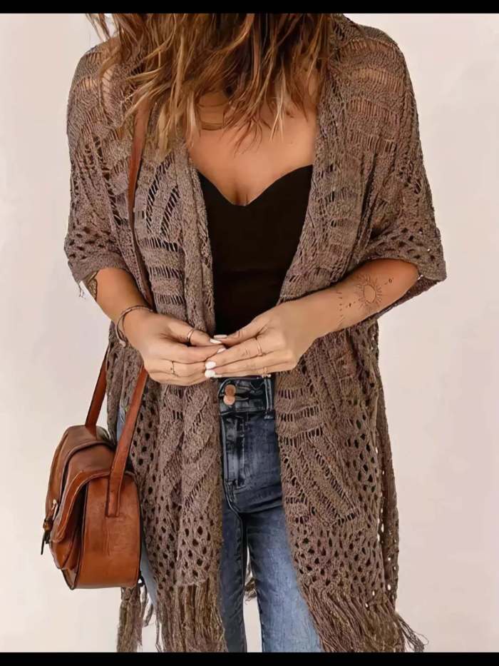 Mid-Length Fashion Loose Hollow Tassel Kimono Open Cardigan Coat Women'S Top Outerwear