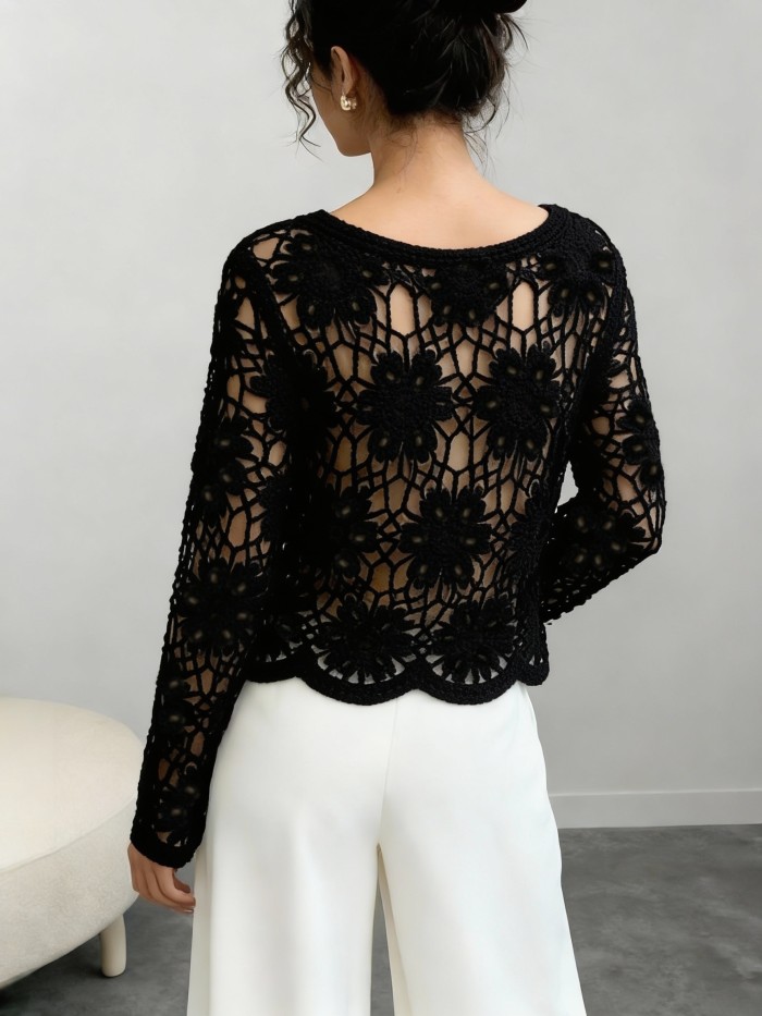 Fashion Thin Top Versatile Hollow Crochet Sweater | Women's Spring Summer Autumn Thin Long-Sleeved Top