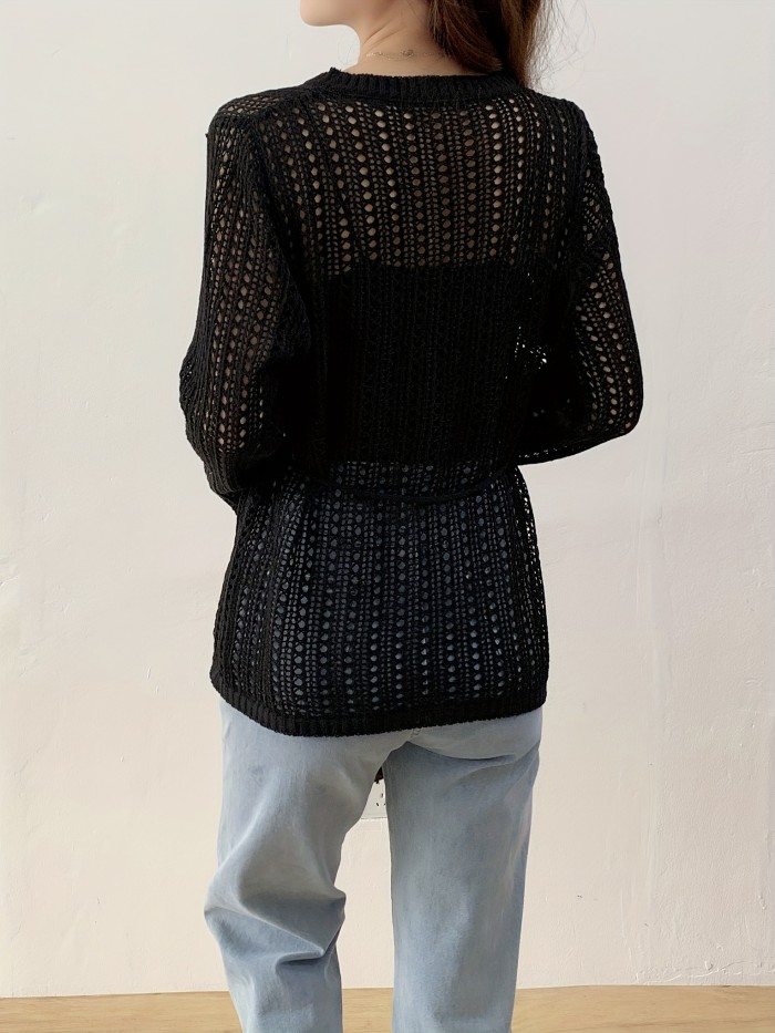 Spring\u002FSummer Thin Lazy Style Waist-Tie Air Conditioner Outer Cover Shirt with Round Neck, Diagonal Hem, Irregular Crochet Lace Mesh Pullover Top