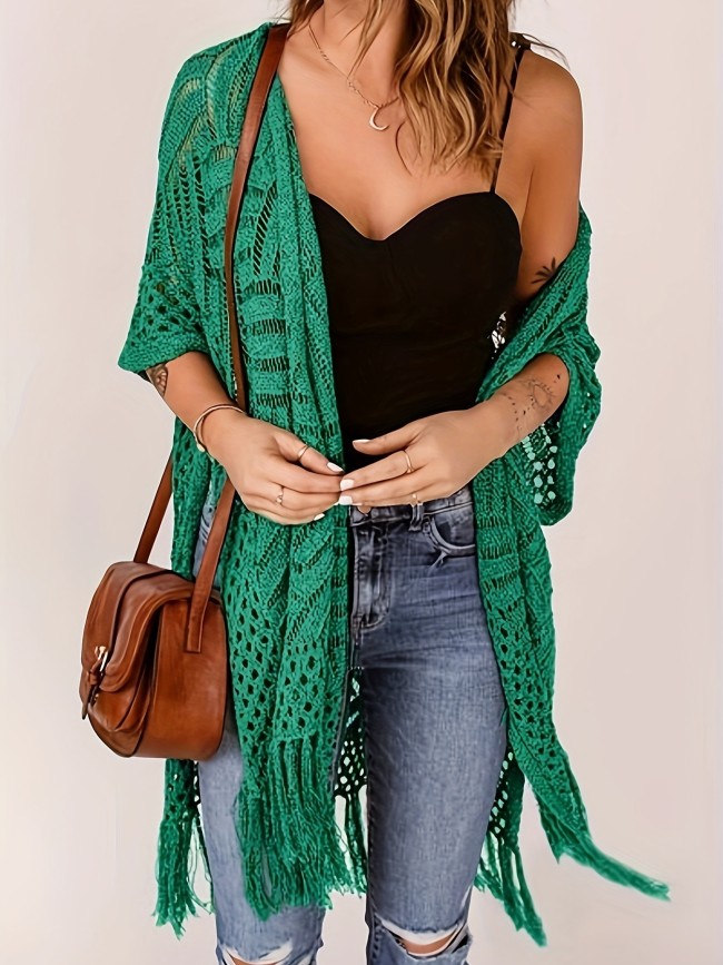 Mid-Length Fashion Loose Hollow Tassel Kimono Open Cardigan Coat Women'S Top Outerwear