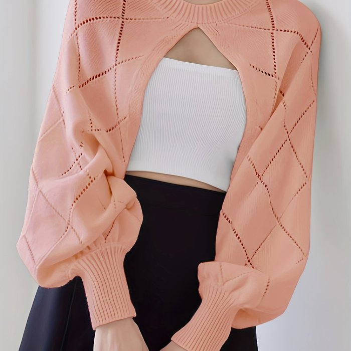 Women's Casual Long Sleeve Round Neck Cropped Pullover Sweater - Ribbed Detailing, Medium Stretch, Spring\u002FAutumn Layering Essential, Solid Color, Cute Sweater, Spring Fashion, Trendy Knitwear, Comfortable Fit