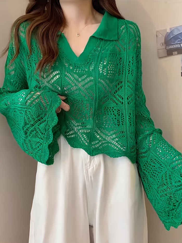 Hollow-Out Design Cardigan Long Sleeve Sweater Women New Flared Sleeve Bad Top