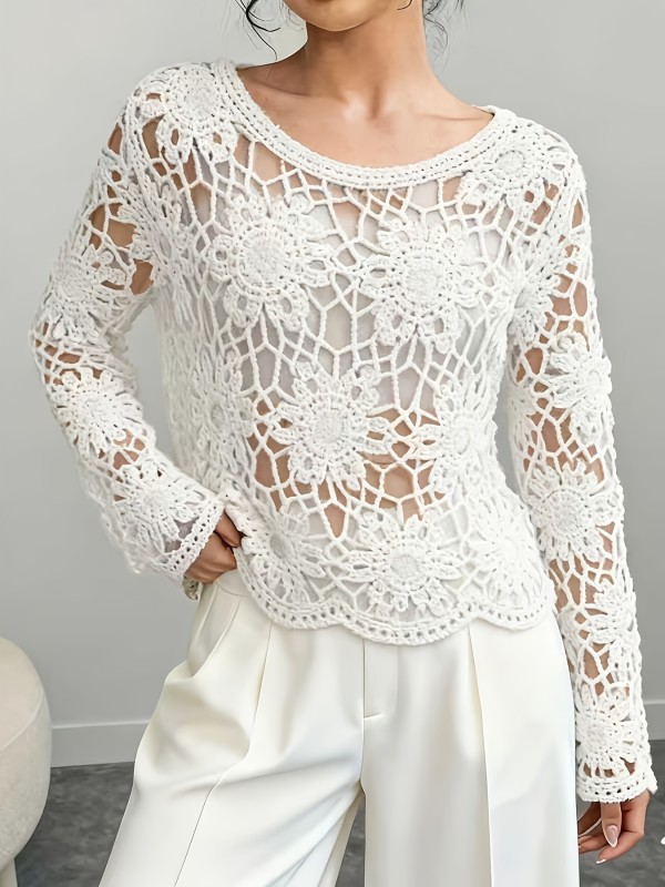 Fashion Thin Top Versatile Hollow Crochet Sweater | Women's Spring Summer Autumn Thin Long-Sleeved Top