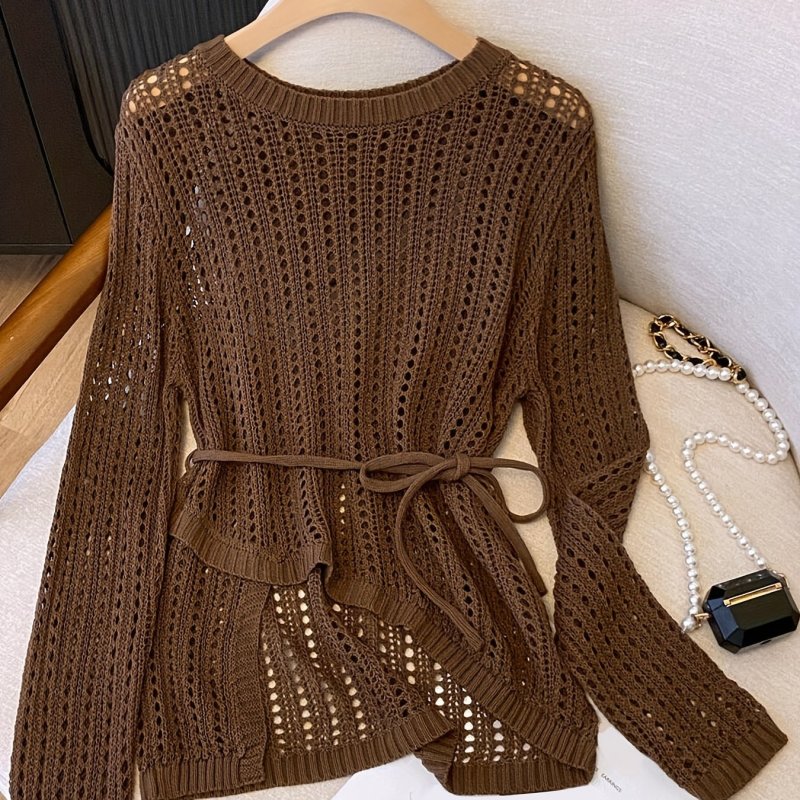 Spring\u002FSummer Thin Lazy Style Waist-Tie Air Conditioner Outer Cover Shirt with Round Neck, Diagonal Hem, Irregular Crochet Lace Mesh Pullover Top