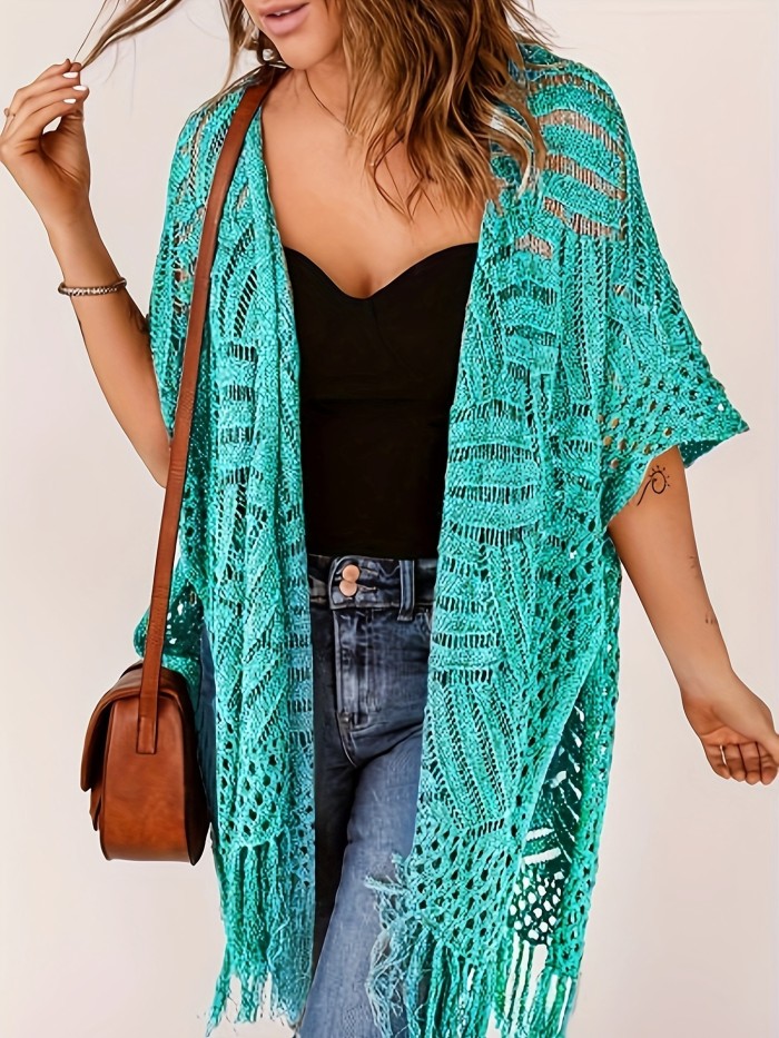 Mid-Length Fashion Loose Hollow Tassel Kimono Open Cardigan Coat Women'S Top Outerwear