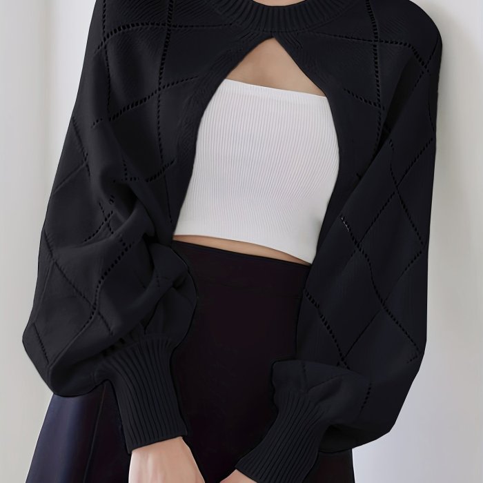 Women's Casual Long Sleeve Round Neck Cropped Pullover Sweater - Ribbed Detailing, Medium Stretch, Spring\u002FAutumn Layering Essential, Solid Color, Cute Sweater, Spring Fashion, Trendy Knitwear, Comfortable Fit