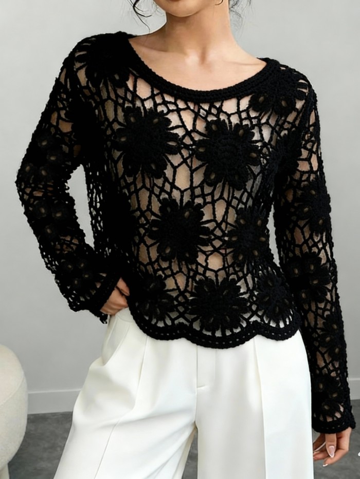 Fashion Thin Top Versatile Hollow Crochet Sweater | Women's Spring Summer Autumn Thin Long-Sleeved Top