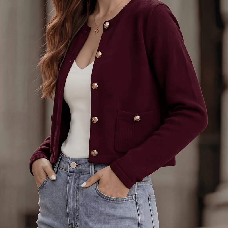 Women's Casual Solid Color Round Neck Long Sleeve Elastic Jacket with Metal Buttons and Double Pockets, Versatile for Daily Wear, Stylish and Elegant, Suitable for Valentine's Day and Carnival