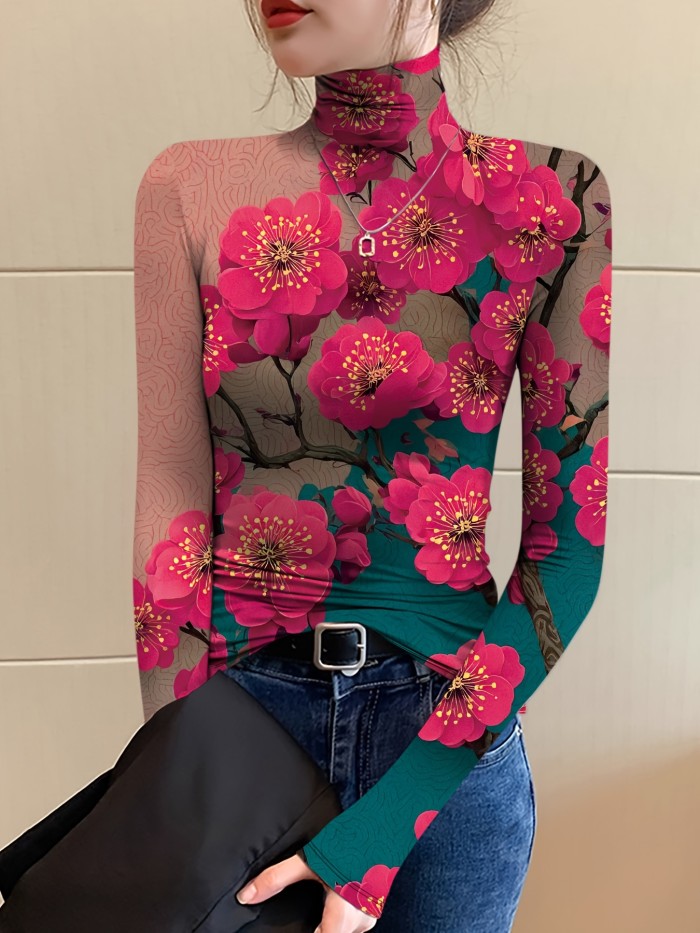 Floral Print T-Shirt Women's Sexy Floral Print High Neck Long Sleeve T-Shirt Base Layer Top