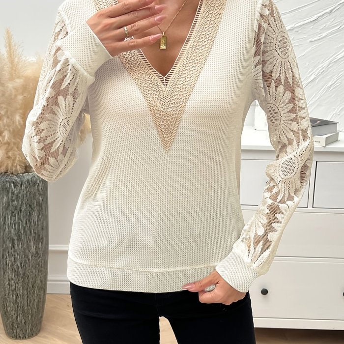 Solid Lantern Sleeve Lace Embroidered V-Neck T-Shirt Top