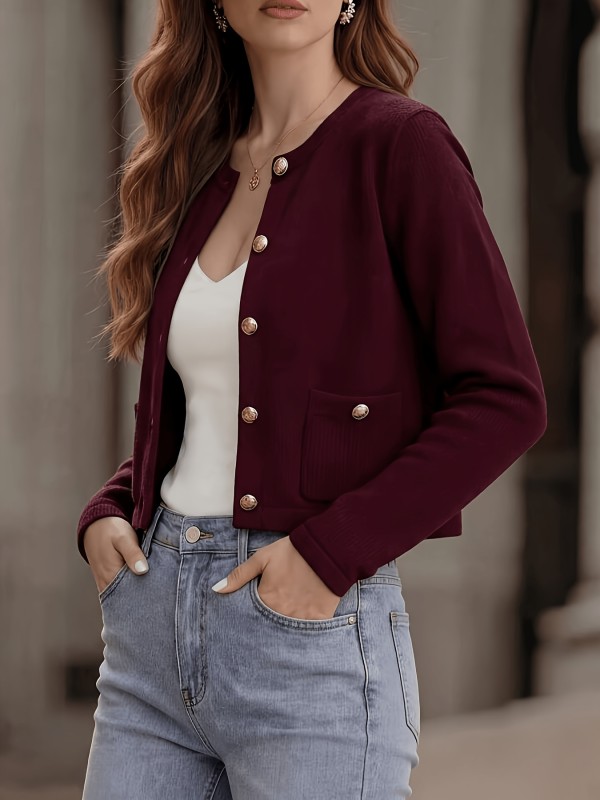 Women's Casual Solid Color Round Neck Long Sleeve Elastic Jacket with Metal Buttons and Double Pockets, Versatile for Daily Wear, Stylish and Elegant, Suitable for Valentine's Day and Carnival