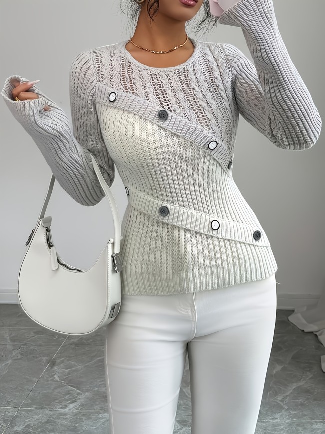 French-Style Waist-Defining Contrast Hollow-Out Long-Sleeve Women's Top with Diagonal Clasp for a Premium Feel