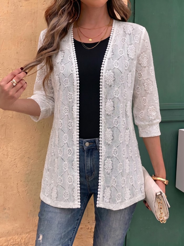 Women's Elegant and Fashionable Comfortable Breathable Semi-Sheer Jacquard Lace Embroidered Trim Open-Front Mid-Sleeve Top, Women's Cardigan