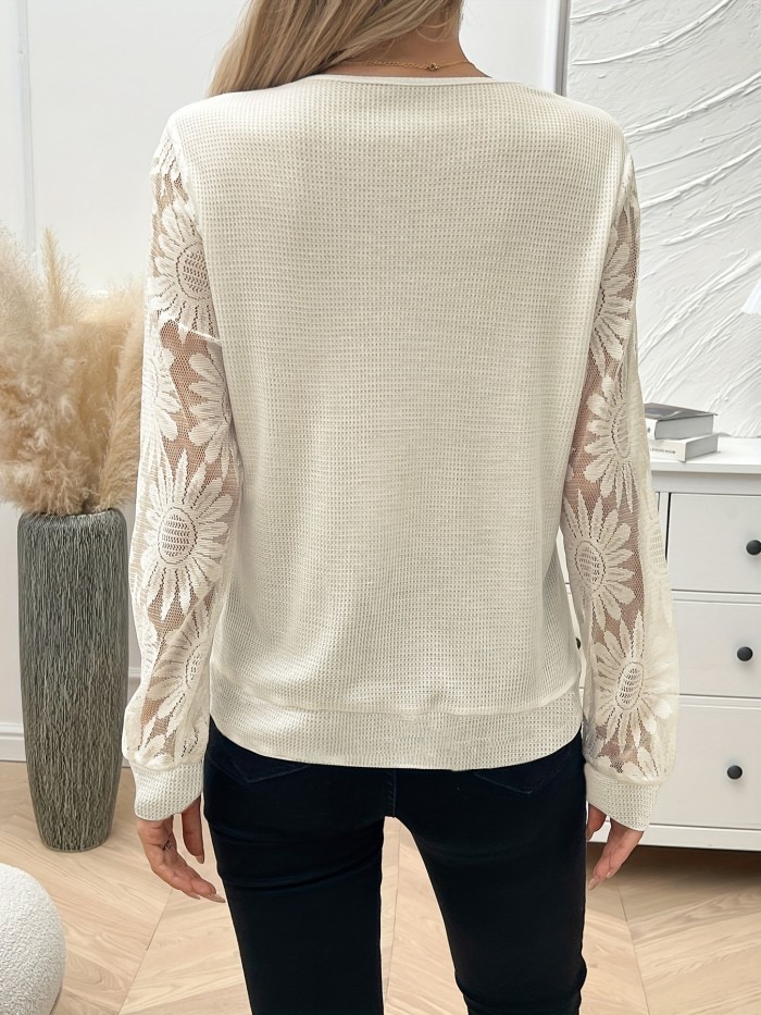 Solid Lantern Sleeve Lace Embroidered V-Neck T-Shirt Top