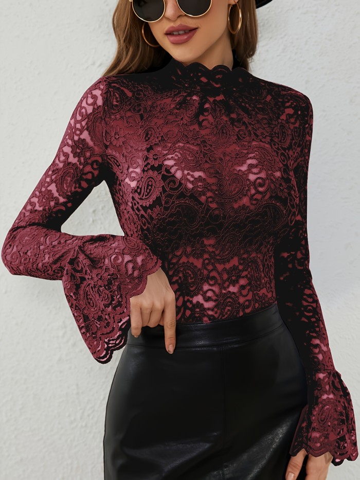 Fashionable And Sexy Cashew Flower Lace Slim Fit Outerwear Inner Wear Flared Sleeve Long-Sleeved Top for Women