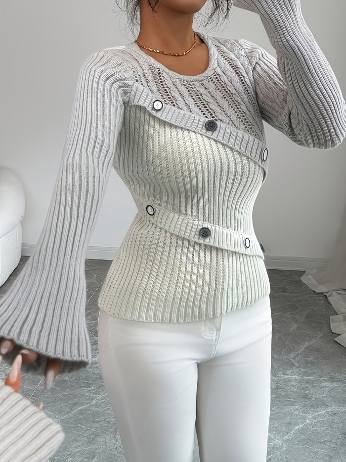 French-Style Waist-Defining Contrast Hollow-Out Long-Sleeve Women's Top with Diagonal Clasp for a Premium Feel