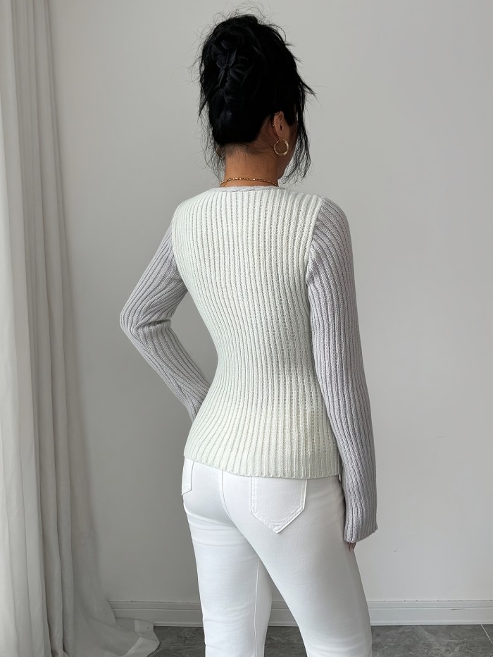French-Style Waist-Defining Contrast Hollow-Out Long-Sleeve Women's Top with Diagonal Clasp for a Premium Feel