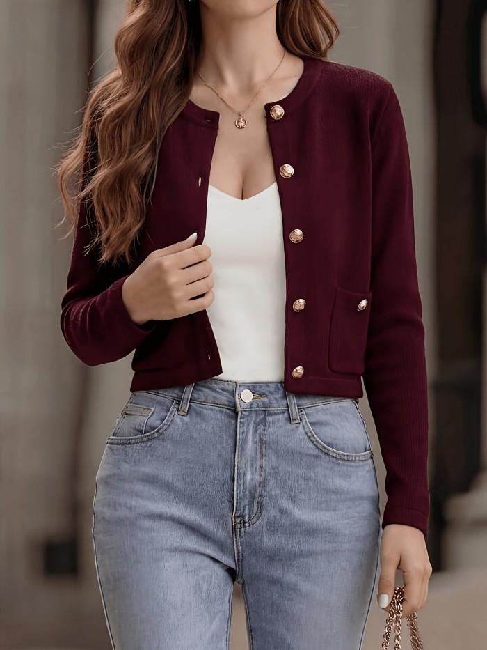 Women's Casual Solid Color Round Neck Long Sleeve Elastic Jacket with Metal Buttons and Double Pockets, Versatile for Daily Wear, Stylish and Elegant, Suitable for Valentine's Day and Carnival