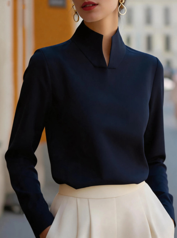 Women New Chinese Style Stand Collar Long Sleeve Blouse with V-Neck Detail Elegant Office Wear