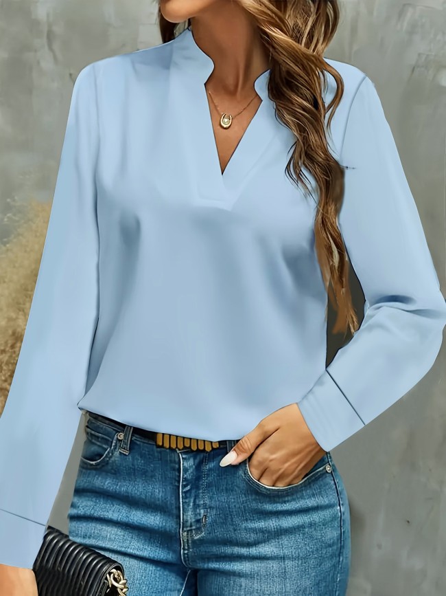 Women Elegant Split V Neck Long Sleeve Cuffed Blouse With Smooth Silky Fabric Perfect For Office Wear Daily Casual Looks And Ver