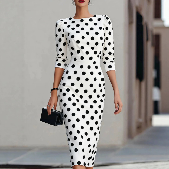 Women Round Neck Three Quarter Sleeve Polka Dot Midi Bodycon Dress Elegant Pencil Dress Office Commuter Daily Party Dress