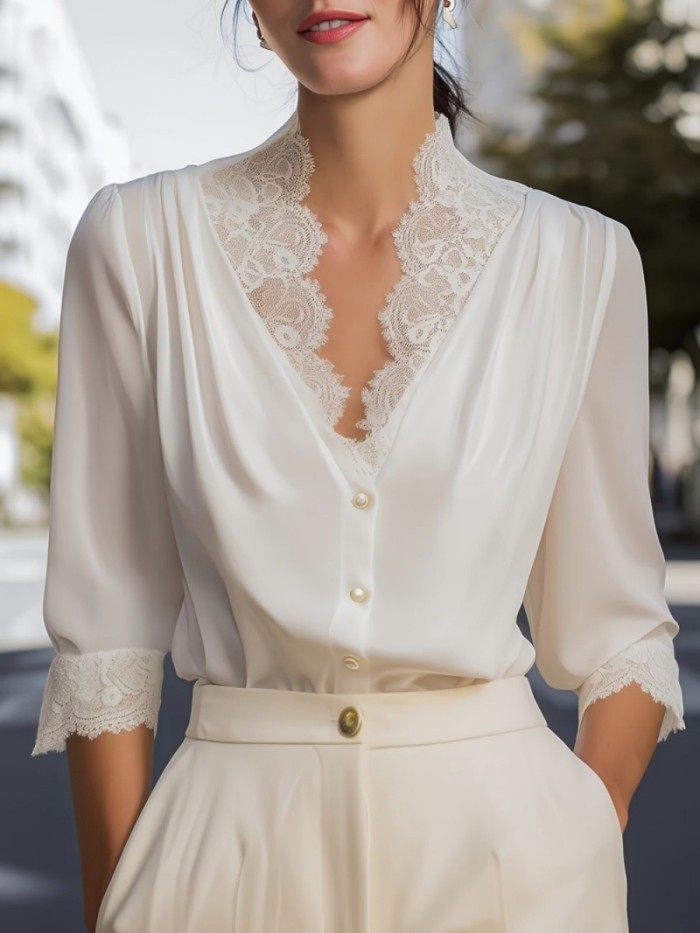 Women Lace Panel V Neck Draped Front Three Quarter Sleeve Button Down Satin Blouse Elegant Formal Office Business Commuter Top