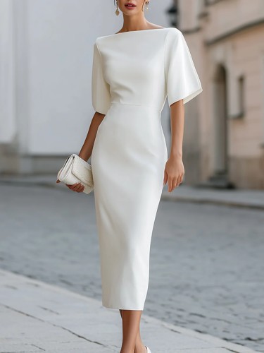 Boat Neck Midi Dress Short Sleeve Elegant Form Fitting Party Cocktail Evening Dress for Women