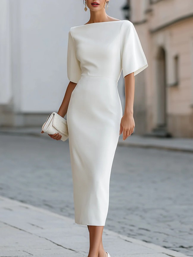 Boat Neck Midi Dress Short Sleeve Elegant Form Fitting Party Cocktail Evening Dress for Women