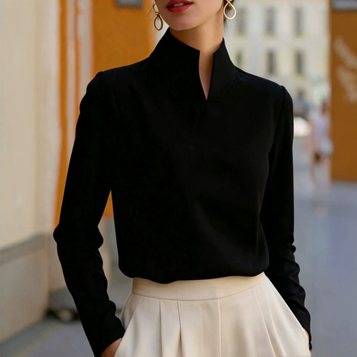 Women New Chinese Style Stand Collar Long Sleeve Blouse with V-Neck Detail Elegant Office Wear