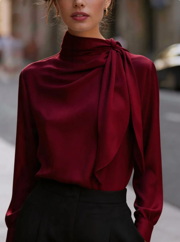 Women High Neck Tie Draped Long Sleeve Blouse Smooth Fabric Elegant Loose Fit Shirt Office Commuter Business Casual Top