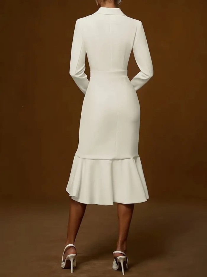 Lapel Blazer V Neck Long Sleeve Midi Dress High Waist Ruffle Hem Slim Bodycon Elegant Office Women Formal Dress